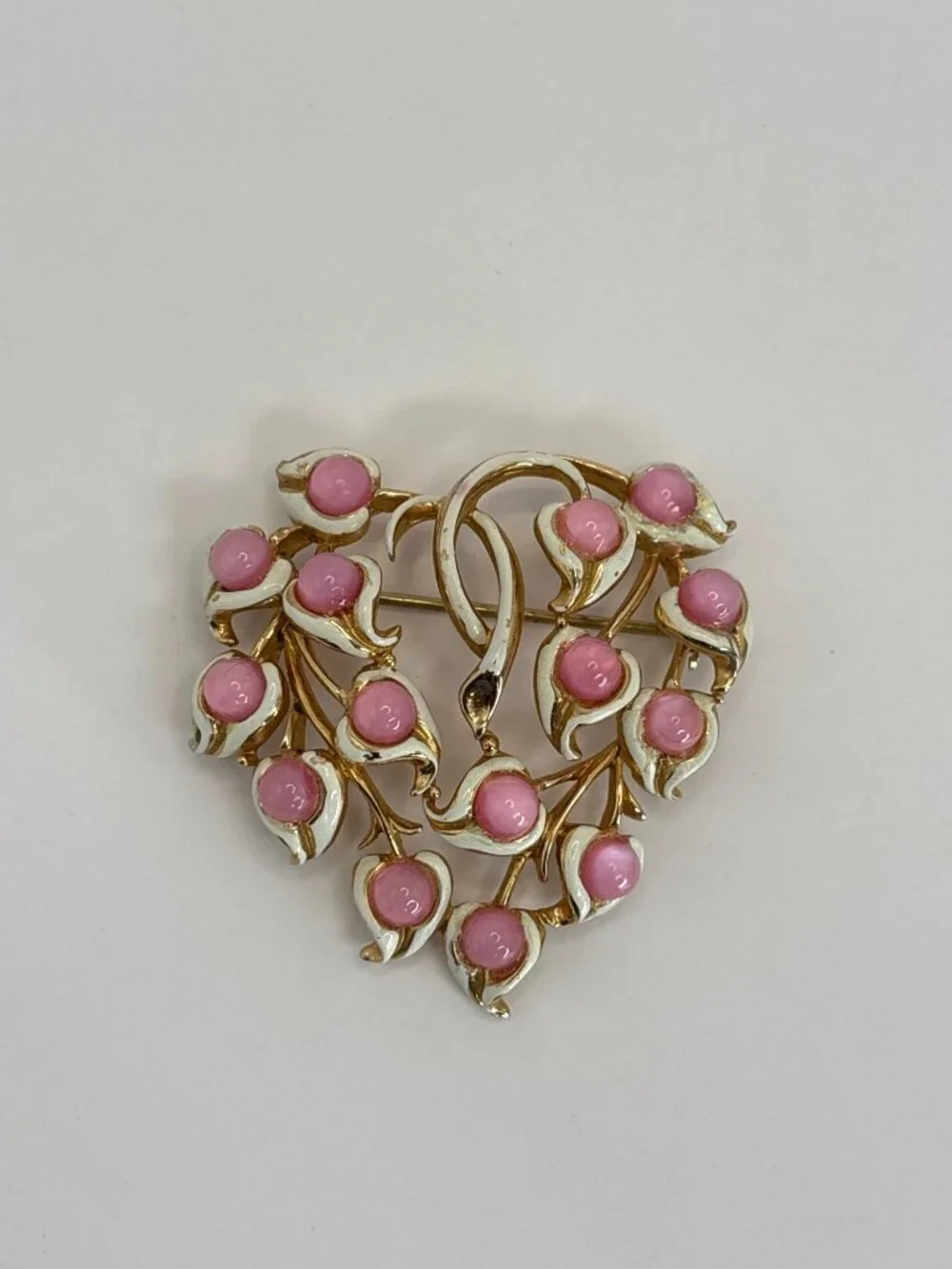 Vintage Gold Tone Pink Moonglow Stones & White Enamel Heart Brooch Pin